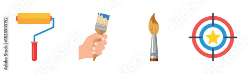 Art tools: paint roller, paintbrush, artist brush, target symbol with star