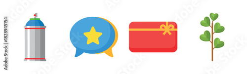 Colorful icons of spray can, speech bubble, gift box, and plant twig