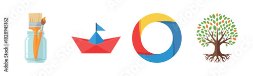 Colorful creative icons: paintbrush, paper boat, circle, tree with roots
