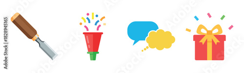 Colorful celebration set: chisel, confetti popper, speech bubbles, and gift box icons