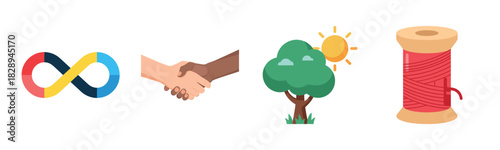 Infinity symbol, diverse handshake, tree with sun, and thread spool icons illustration