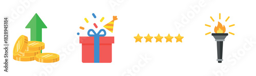 Success icons: growth, celebration, five stars, and achievement torch symbols