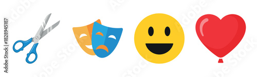 Colorful icons of scissors, theater masks, smiling emoji, and heart balloon