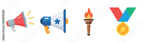 Colorful icons of megaphones, torch, and medal with star design elements