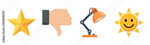 Star, thumbs down, desk lamp, and smiling sun icons on white background