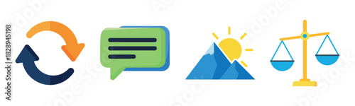 Colorful icon set featuring arrows, speech bubble, mountains, and balance scales