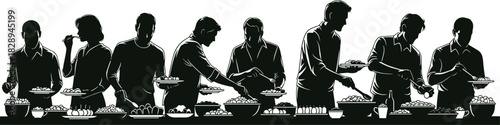 Silhouette of people serving themselves food at a buffet, isolated on the scene captures the communal aspect of sharing a meal together