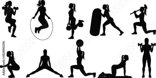 Silhouette of a woman doing different exercises isolated on set of workout poses for fitness, gym, yoga, pilates, and healthy lifestyle activities