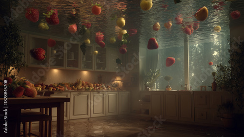 Fototapeta Naklejka Na Ścianę i Meble -  A familiar kitchen where fruits float in slow motion as if underwater
