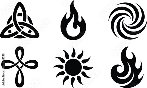 A collection of six distinct black and white symbolic elements representing various natural and mystic concepts