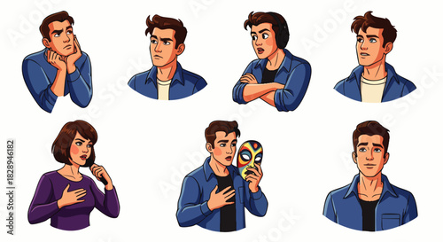 A collection of cartoon illustrations showcases diverse human emotions, including contemplation, surprise, and introspection, using vibrant colors and dynamic poses.