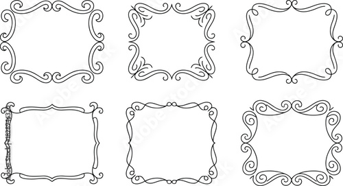 A collection of six elegant black outline frames with intricate scrollwork on a clean white surface