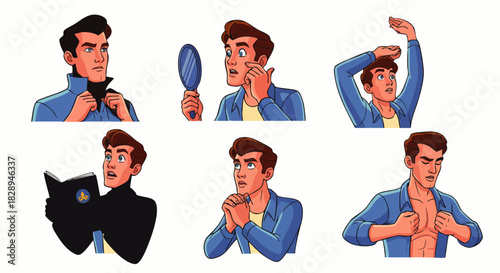 A series of illustrations depicts a man in various poses, from adjusting his collar to looking in a mirror and reading a book, showcasing different expressions.