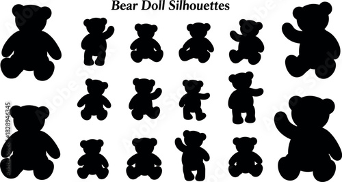 Collection of black teddy bear doll silhouettes in various cute poses, symbolizing childhood, toys, baby shower, nursery, and comfort vector graphics.