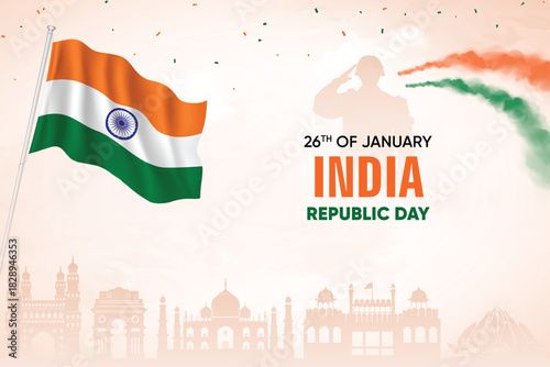 India Flag Waving With Army Soldier and Air Show On Skyline Background. Republic Day Concept Design Vector Illustration.