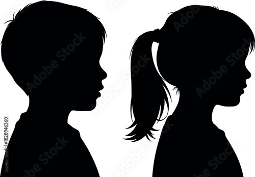 Black silhouettes of a young boy and girl in side profile, representing childhood, gender, education, and development vector graphic elements.
