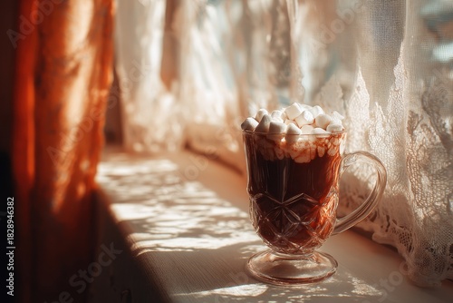 Steaming Hot Chocolate with Marshmallows on a Sunny Windowsill, Golden Light Through Lace Curtains.