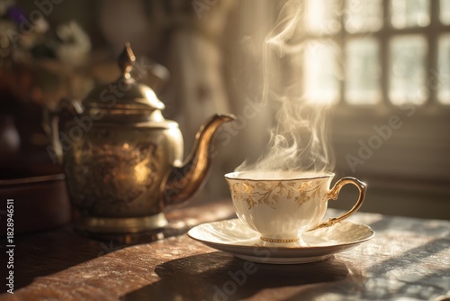 Steaming Ornate Teacup and Antique Teapot in Warm Window Light, Evoking Cozy Morning Serenity.