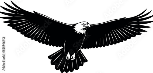 Detailed black vector illustration of a powerful bald eagle soaring with spread wings, symbolizing freedom, strength, America, patriotism, and victory logo.