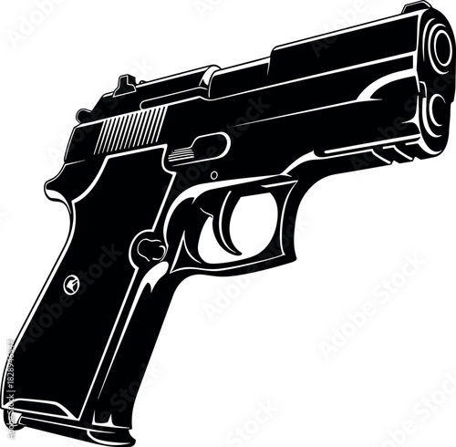 Detailed black vector illustration of a semi-automatic handgun, pistol pointing forward, symbolizing crime, police work, self-defense, and firearm safety.