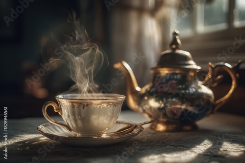 Steaming Tea Cup and Ornate Teapot in Warm Light.