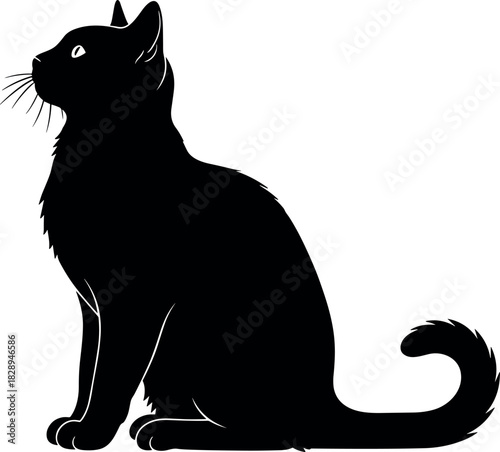 Elegant black cat sitting silhouette vector icon with white eye and curled tail, ideal for pet shop logo, veterinarian, and Halloween graphic design.