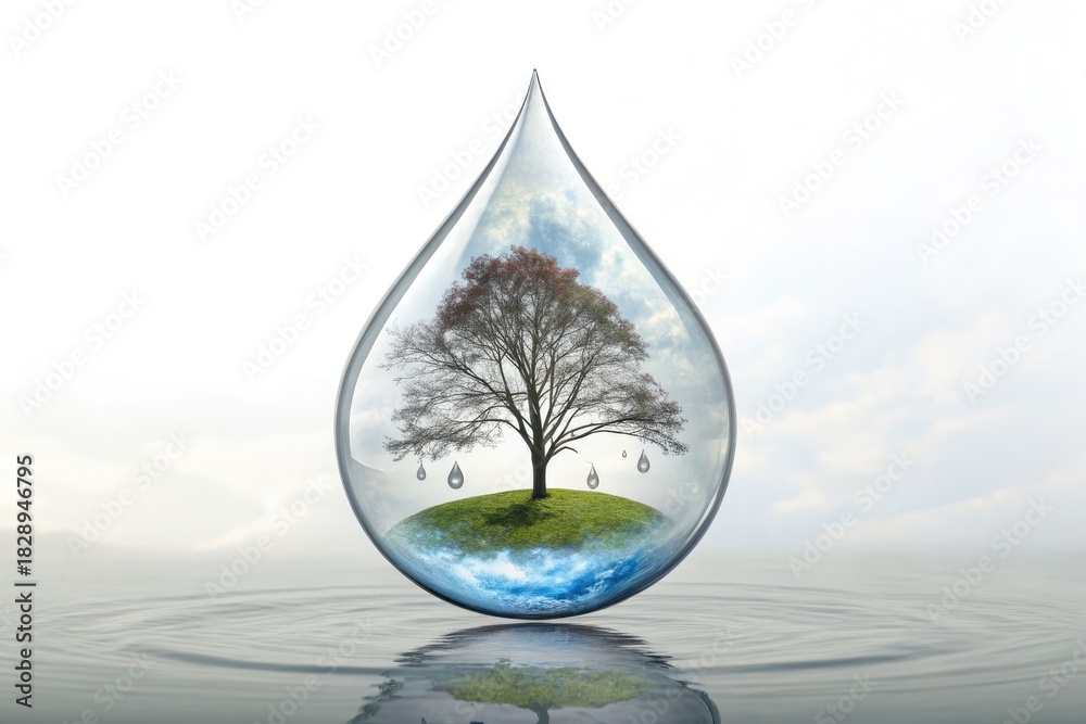 Fototapeta premium Nature Inside a Water Droplet Reflects a Tree and Peaceful Landscape