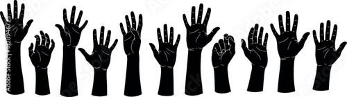 Group of raised black hands silhouettes, symbolizing volunteering, voting, community, unity, and actively participating in a protest or agreement.