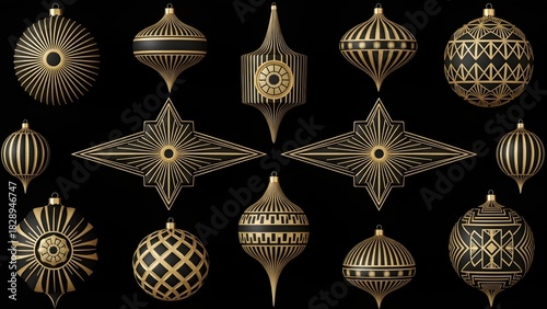 Elegant black and gold Christmas decoration set in vintage Art Deco style with geometric sunburst patterns