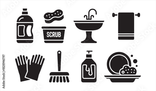 Home cleaning vector set with essential tools like broom, detergent, iron, and washing machine