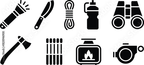 A compilation of nine black silhouette icons illustrating essential tools for camping and outdoor activities