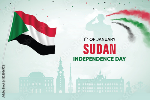 Sudan Flag Waving With Army Soldier and Air Show On Skyline Background. Independence Day Concept Design Vector Illustration.