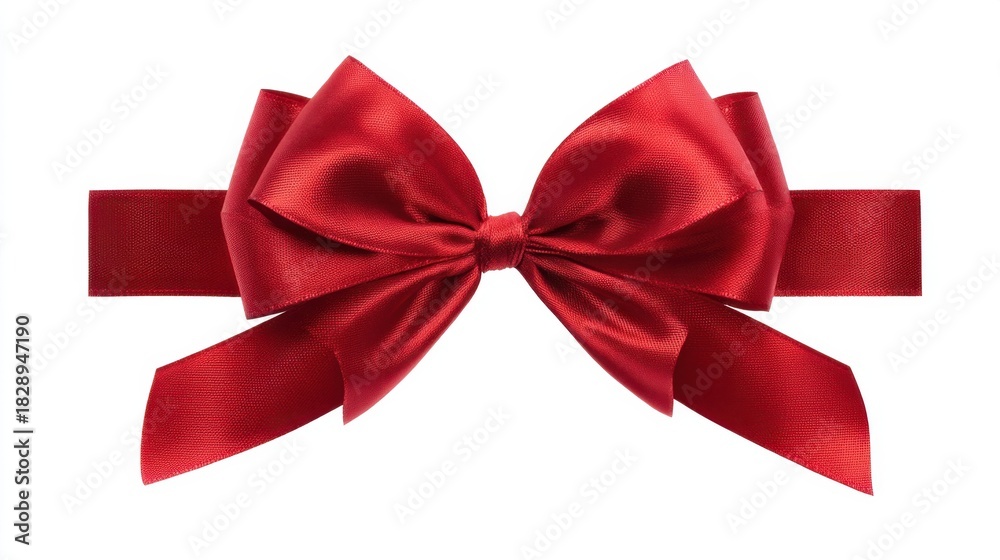 Fototapeta premium A vibrant red satin bow with smooth edges sits centered on a wide ribbon. Ideal for wrapping gifts event decorations or adding elegance to any celebration.