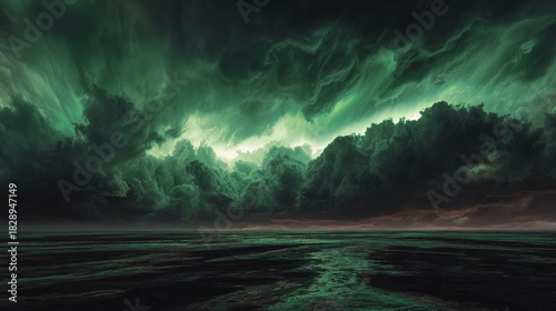 Ethereal Green Aurora Borealis Over Dark Ocean, Dramatic Sky Reflection.
