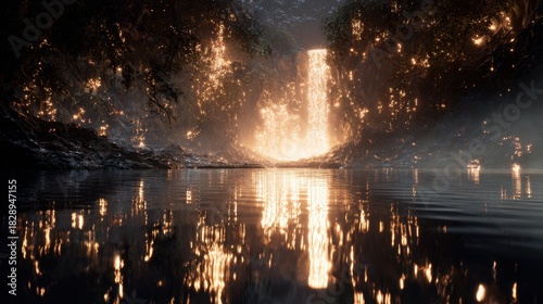 Ethereal Golden Light Cascade Reflecting in Dark Waters, Mystical Cave Scene.