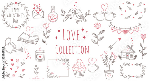 Collection of Romantic Valentine Vector Cliparts – Hearts, Floral Elements, Cute Line Art for Cards, Invitations, Decor and many others.