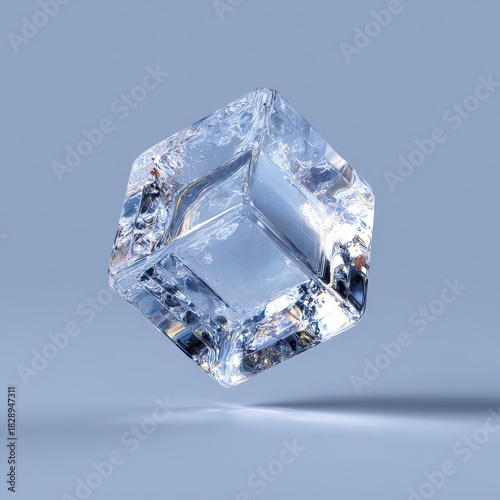 Ethereal Levitating Crystal Cube with Flawed Edges on a Cool Blue Background.
