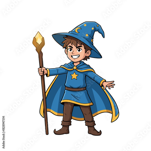 Young Male Spellcaster In Blue Wizard Costume With Stars And Moon Motifs Holding A Crystal Staff And A Broomstick Floating Mid-Air Looking Sleepy Against A Black Background