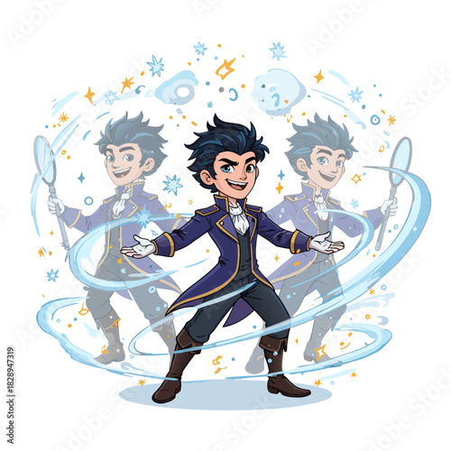 Young Male Sorcerer Conjures Magical Illusion with Three Spectral Figures and Floating Orbs Amidst Swirling Blue Energy and Golden Sparkles Against a Dark Background