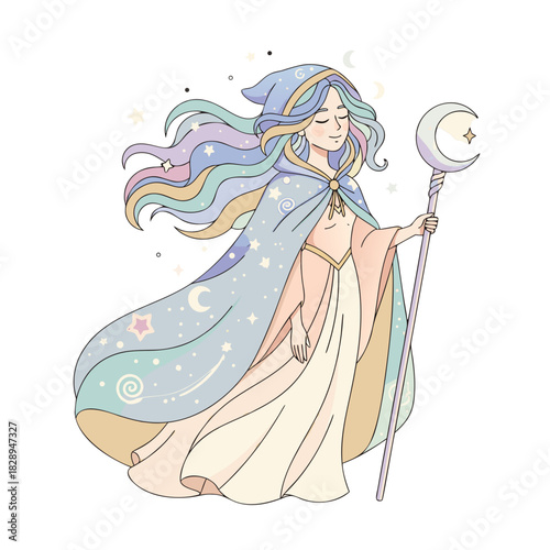 Whimsical Young Sorceress with Pastel Rainbow Hair and Starry Cape Holding a Moon Staff and Enchanted Book on a Translucent Background