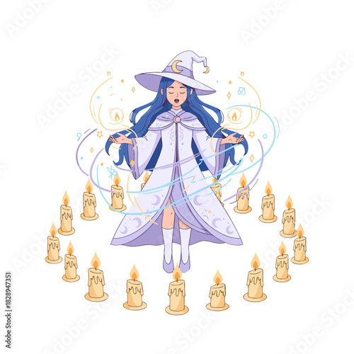 Whimsical Young Witch in a Purple Hat and White Robe Conjuring Magic Surrounded by Candles on a Dark Background