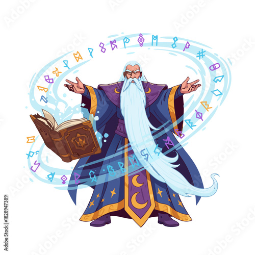 Wise Old Wizard With Long White Beard Wearing A Blue Robe Adorned With Stars And Moons Casting A Spell With Runes And A Magical Book