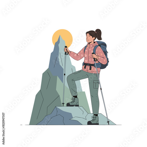 Woman Hiker Reaches Mountain Summit With Trekking Poles Under A Bright Sun In A Flat Design Illustration With Blue Backpack And Pink Jacket