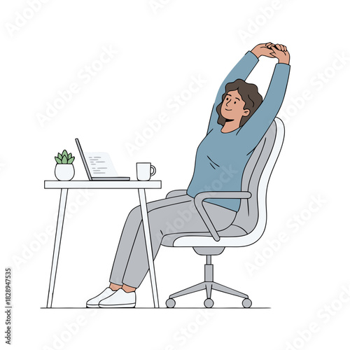 Woman Sitting at a Desk Stretching Arms Upwards Wearing a Blue Sweater and Grey Pants with a Laptop and Coffee Mug in a Minimalist Office Setting