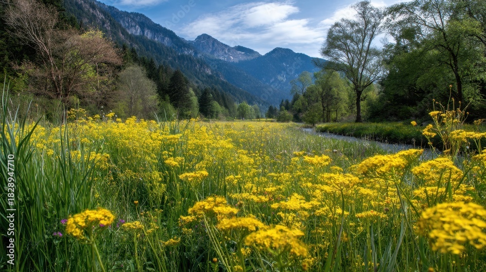 Obraz premium Bright yellow flowers bloom in a lush meadow near a calm river surrounded by green trees and tall mountains under a blue sky with scattered clouds.