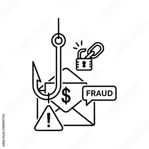 Phishing scam concept with fishing hook, money, and fraud alert