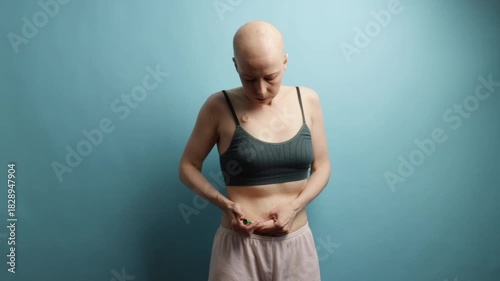 Woman after chemotherapy performing injection at home, concept of modern medicine, self-treatment, and oncology awareness.