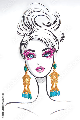 Chic fashion portrait vibrant makeup bold earrings elegant up do beauty artistic sketch style