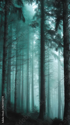 Ethereal Teal Fog Shrouds a Dense Conifer Forest with Mysterious Light.