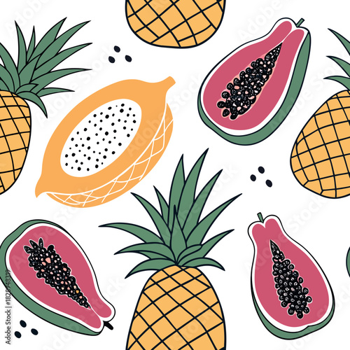 Seamless fruit pattern with pineapple apple orange banana strawberry lemon kiwi pear mango fresh and healthy illustration vector design